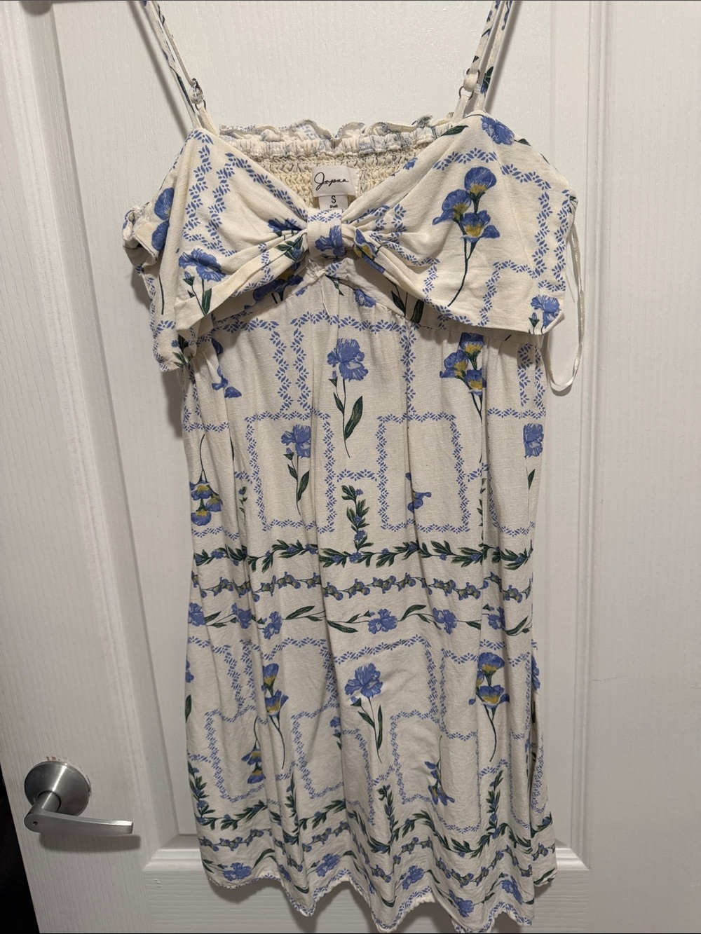 Japna Cream Dress with Blue Floral Print and Front Bow